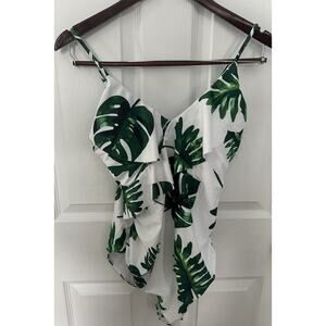 Tempotrek Swimsuit Womens Medium One Piece Ruffle Front White/Green Palms NEW
